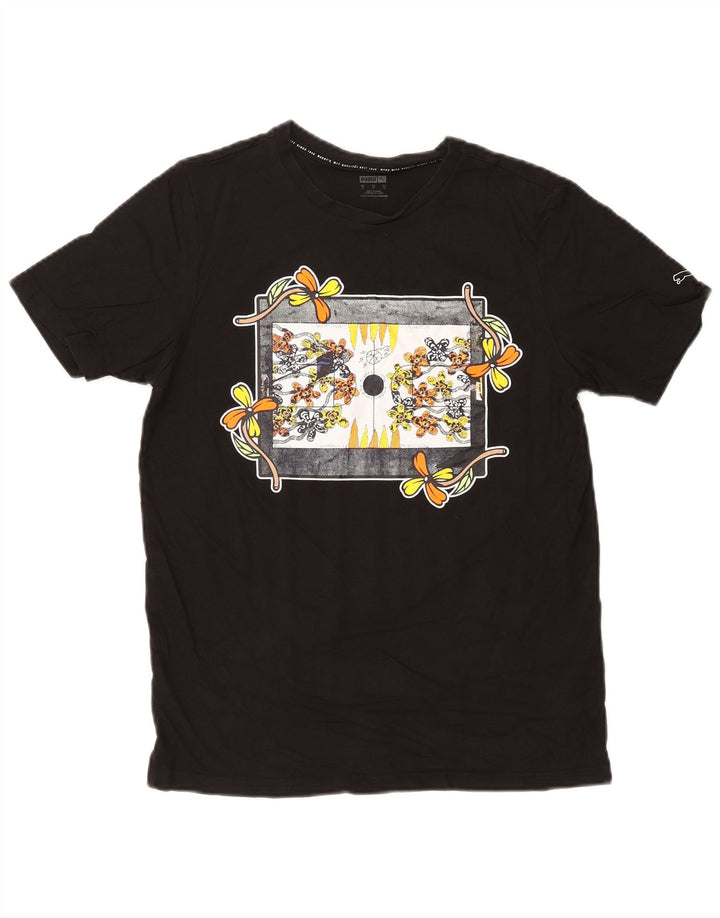 Мужская футболка с рисунком Puma, маленькая, черная, хлопковая, с цветочным принтом, природа