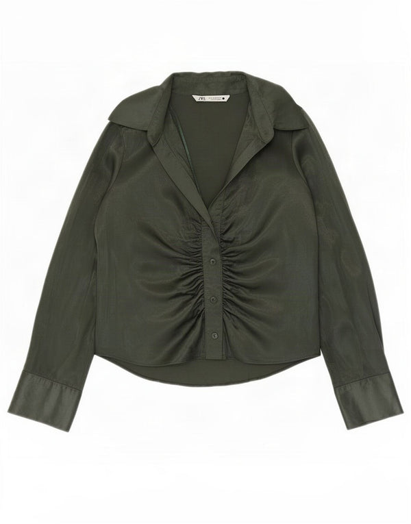Женская блузка-рубашка Zara UK 14, вискоза, средний зеленый цвет
