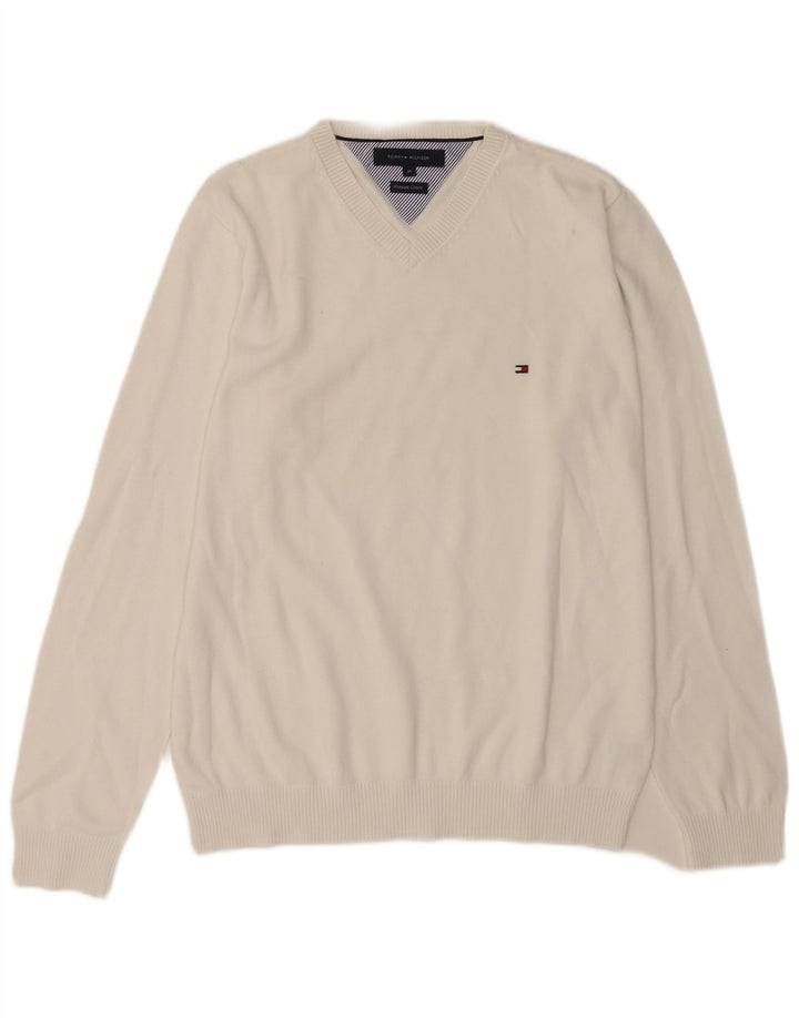 Tommy Hilfiger Мужской джемпер с v-образным вырезом, средний белый хлопковый свитер
