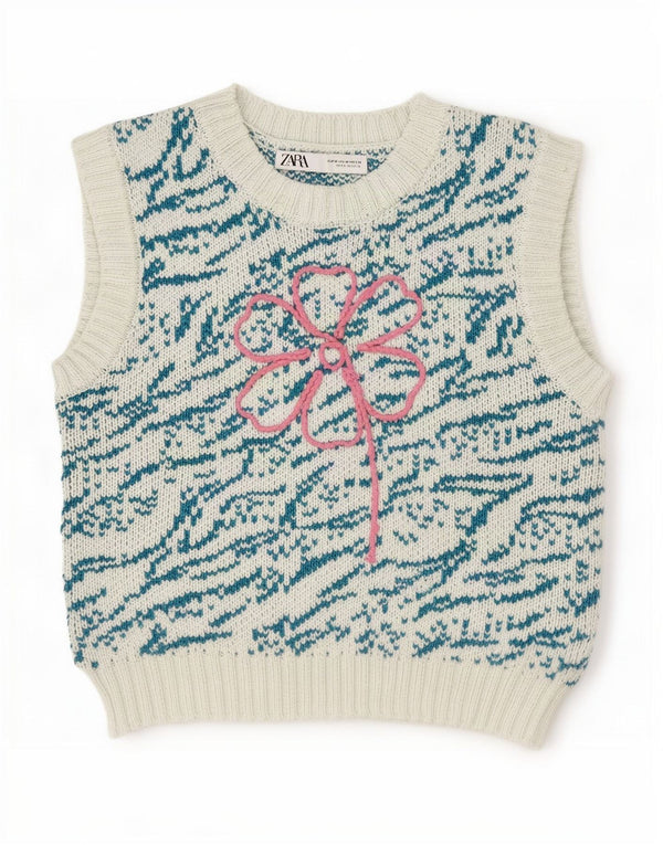 Zara Womens Graphic Crop Vest Tank Top UK 12 Medium Blue Floral Cotton