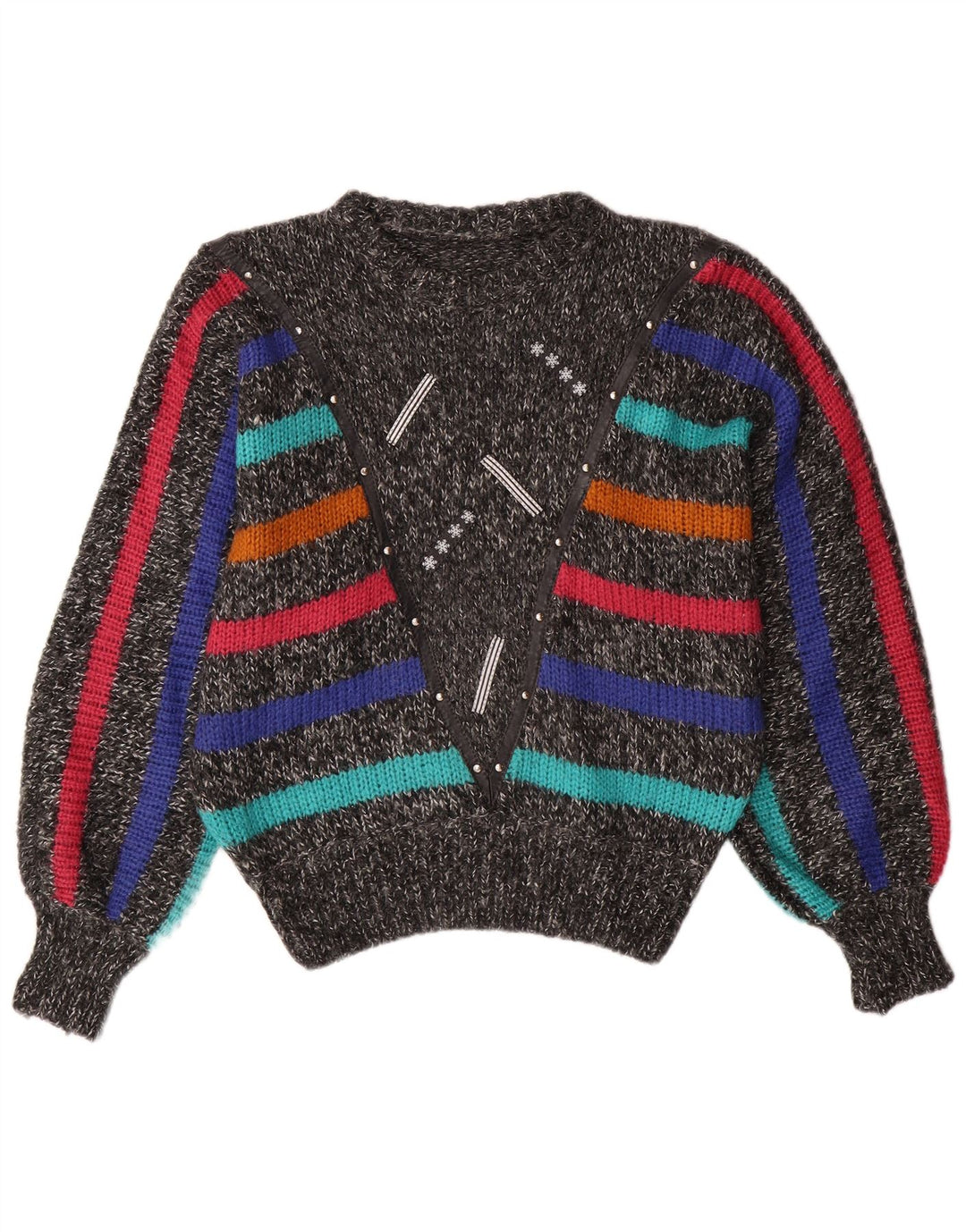 ВИНТАЖНЫЙ женский джемпер с круглым вырезом «крыло летучей мыши», Великобритания 14, средний серый в полоску