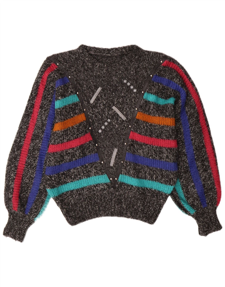 ВИНТАЖНЫЙ женский джемпер с круглым вырезом «крыло летучей мыши», Великобритания 14, средний серый в полоску