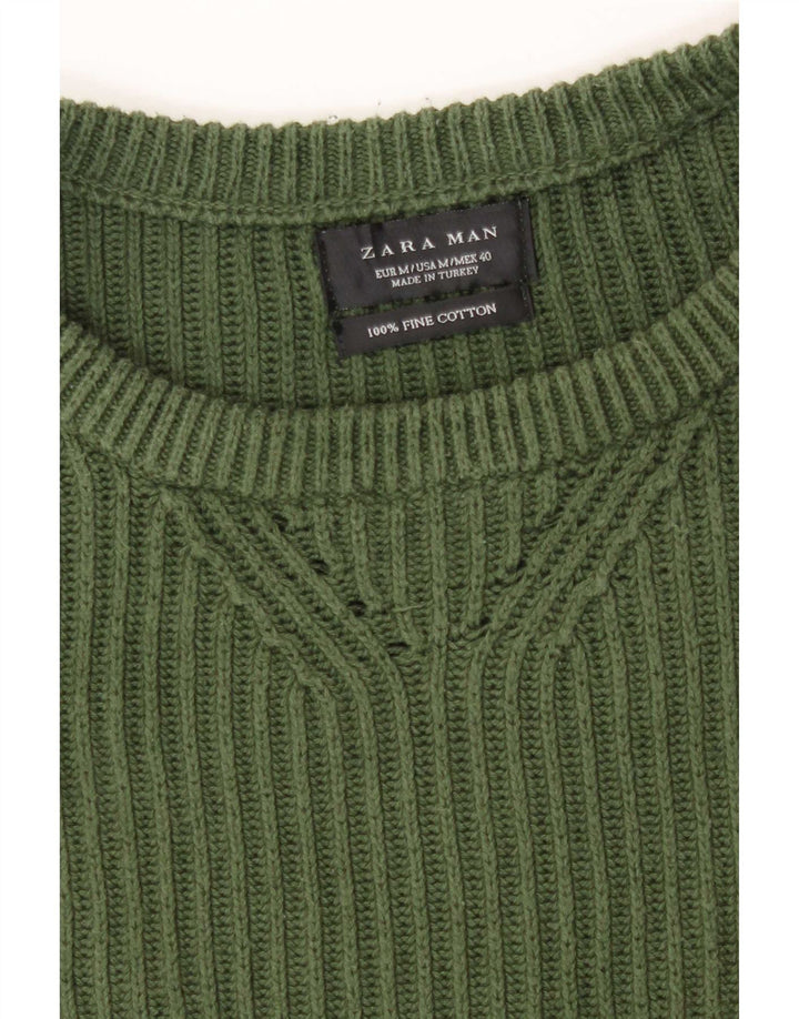 Мужской джемпер с круглым вырезом Zara, хлопковый свитер среднего зеленого цвета