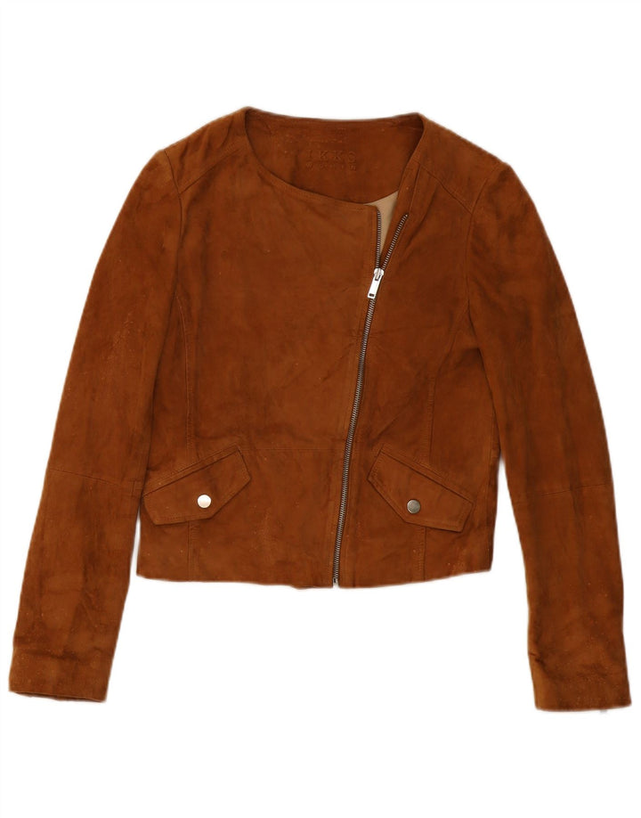 IKKS Womens Crop Suede Jacket UK 10 Small Brown Leather