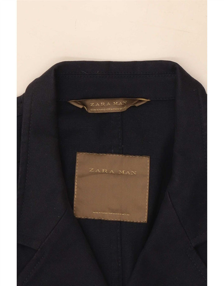 Мужской двубортный пиджак Zara UK 38, средний темно-синий хлопковый пиджак