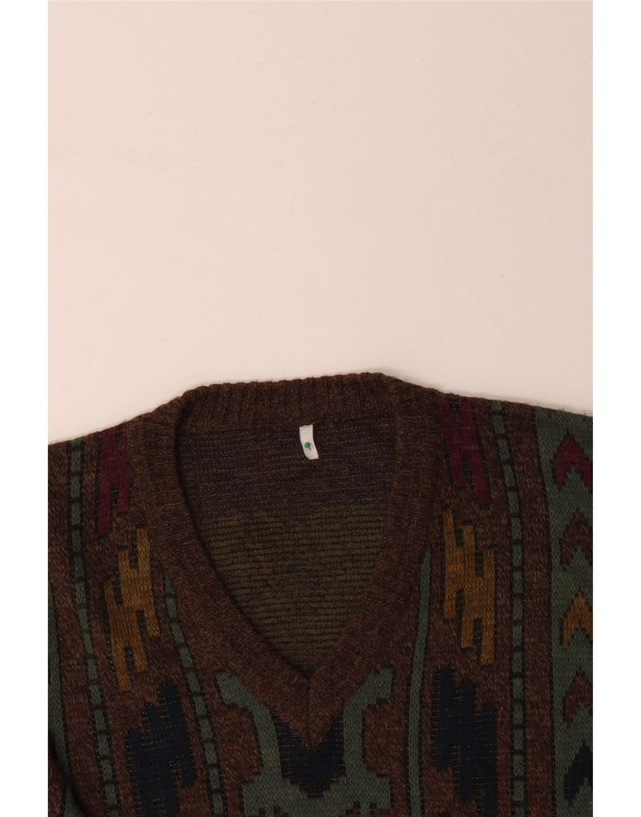 Мужской джемпер с v-образным вырезом VINTAGE IT 50, средний коричневый с геометрическим узором