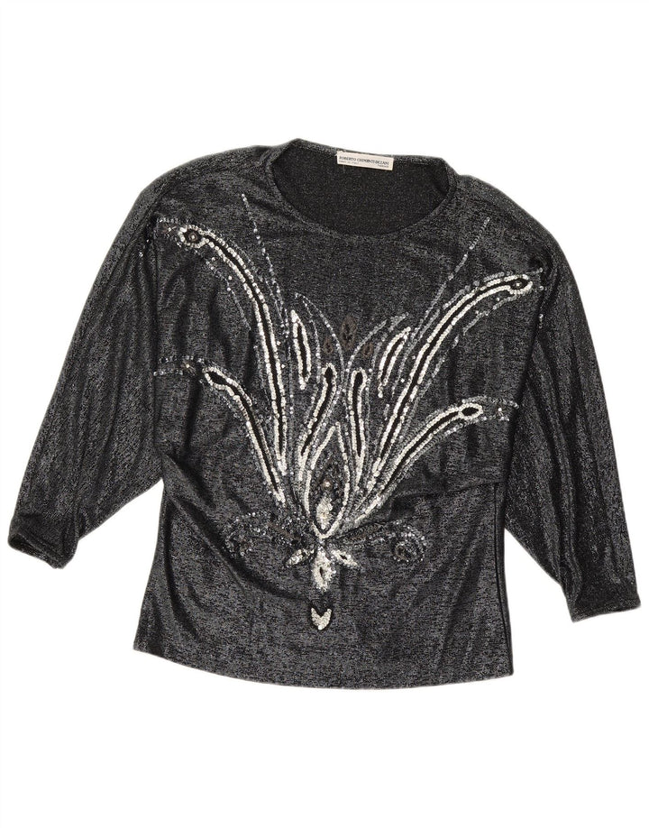 VINTAGE Женская блузка с длинным рукавом Top IT 42 Средний Черный Цветочный Вискоза