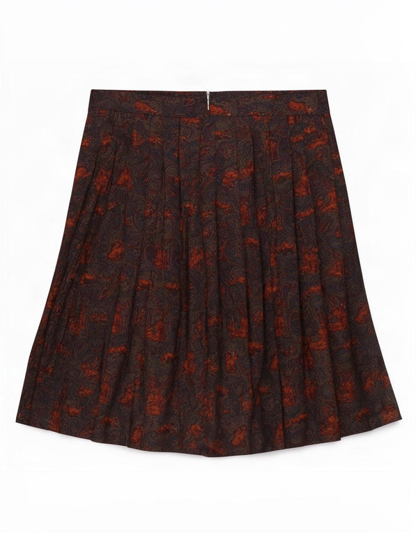 Vintage Womens High Waist Pleated Skirt IT 42 Medium W26 Brown Paisley Wool