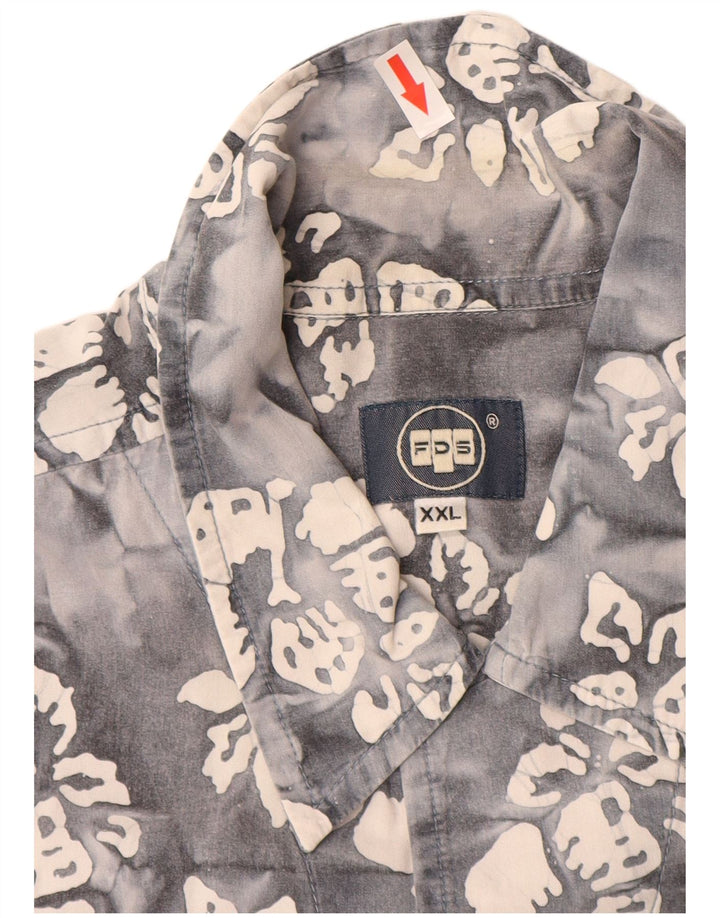 Винтажная мужская рубашка с коротким рукавом 2XL, серая, хлопковая с цветочным принтом