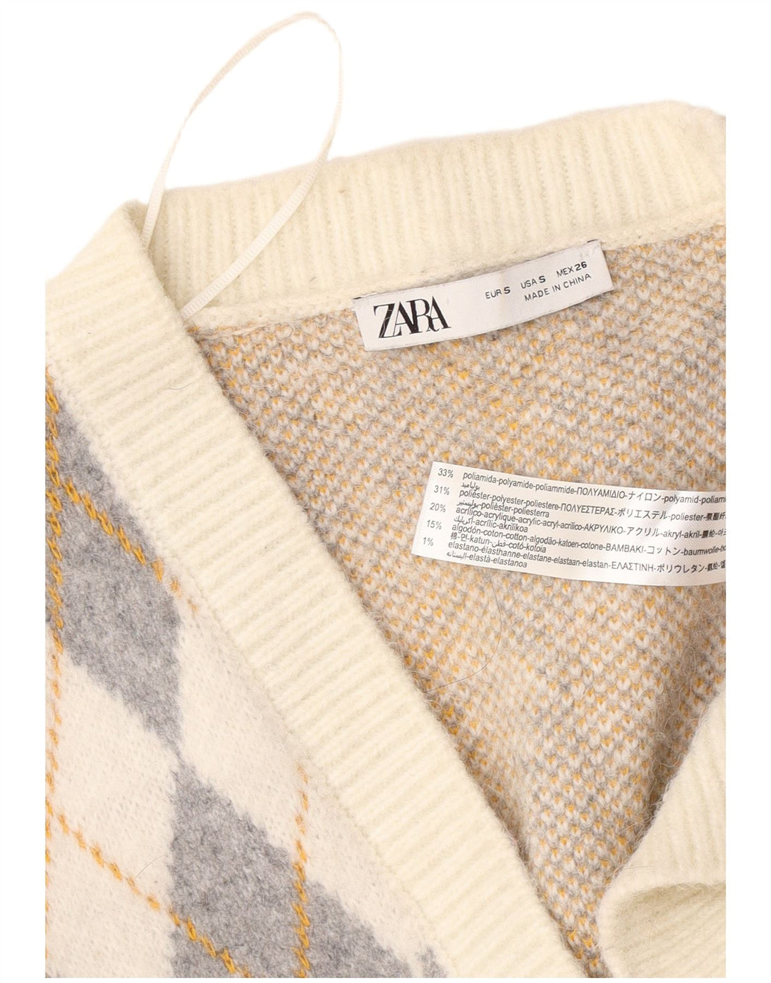 Женский свободный кардиган Zara UK 10, маленький белый с узором аргайл/бриллиант