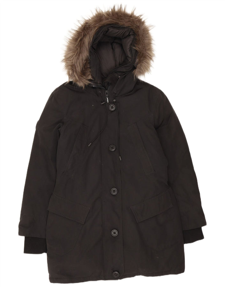 Женское длинное стеганое пальто с капюшоном Superdry UK 10, маленький черный полиэстер