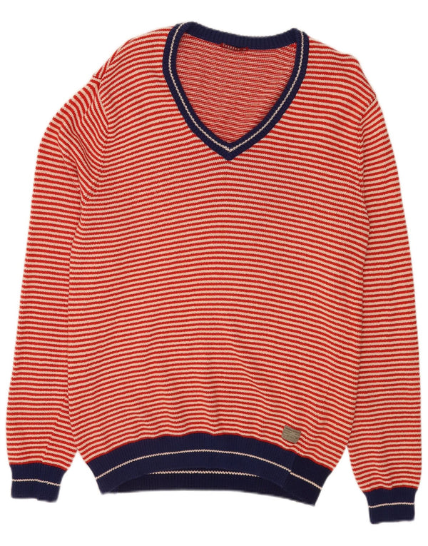 Carrera Mens V-Neck Jumper Sweater XL Red Striped Cotton
