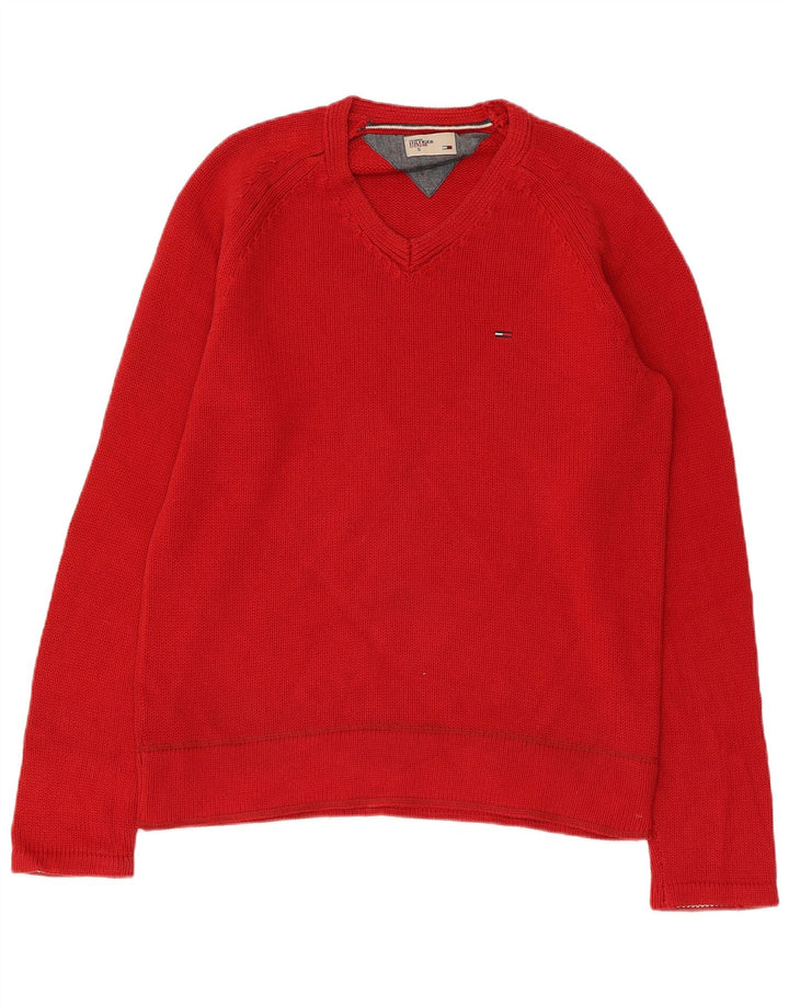 TOMMY HILFIGER Mens V-Neck Jumper Sweater Small Red Cotton