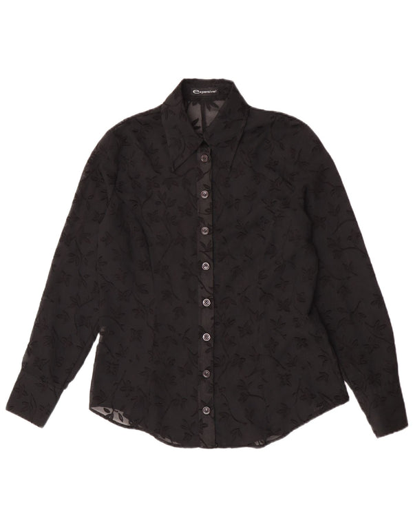 Винтажная женская прозрачная блузка-рубашка IT 44, средний черный полиэстер с цветочным принтом