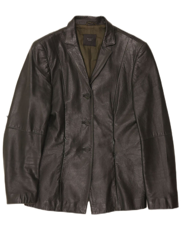 Oui Womens 3 Button Leather Blazer Jacket UK 10 Small Khaki Leather