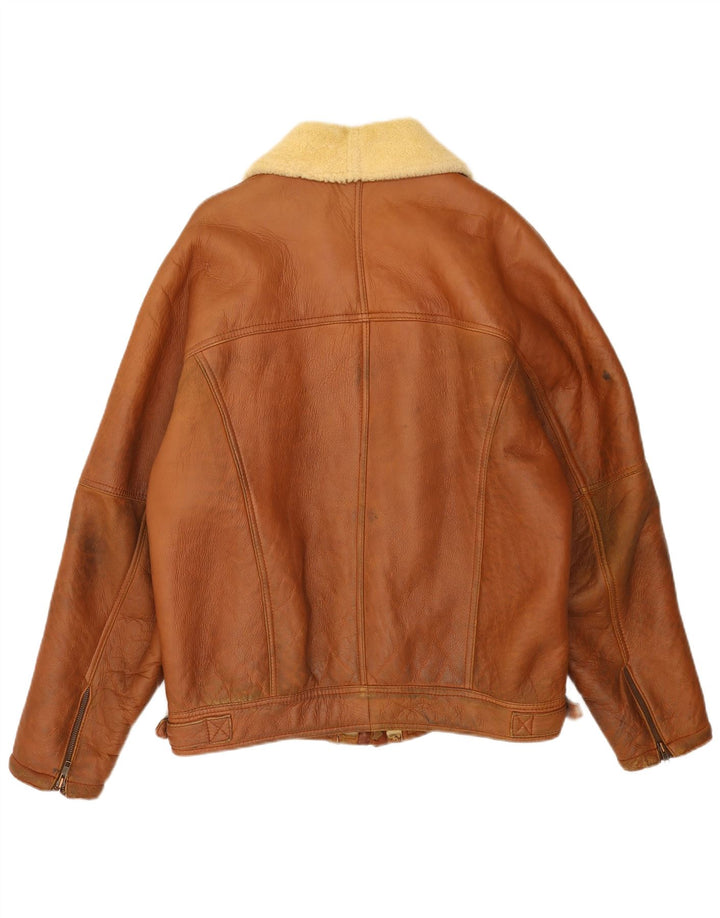 Винтажная мужская короткая дубленка IT 54 2XL Коричневая кожаная