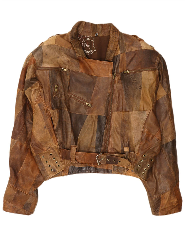 Винтажная женская кожаная куртка-бомбер UK 16, большая коричневая пэчворк