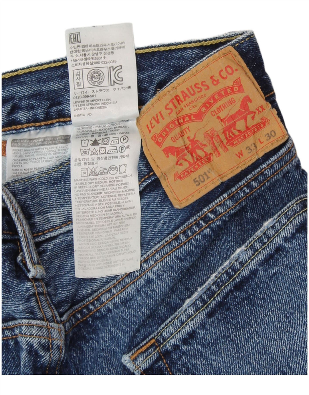 Мужские прямые джинсы LEVI'S 501 W33 L30 синие, хлопок