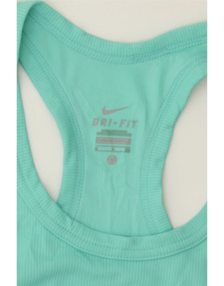 NIKE Womens Dri Fit Graphic Vest Top UK 8 Small Turquoise Polyester Vintage Nike and Second-Hand Nike from Messina Hembry 