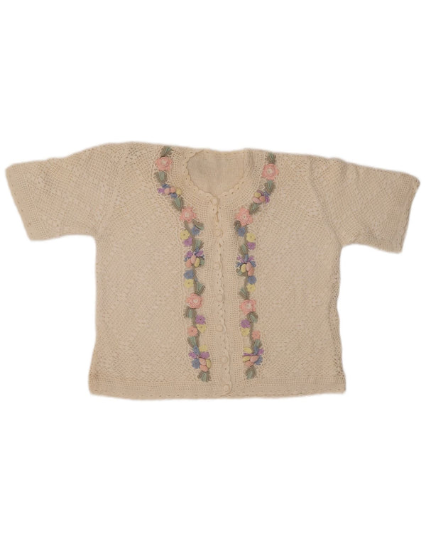 ВИНТАЖНЫЙ женский кардиган с короткими рукавами, Великобритания 14, средний с белым цветочным принтом