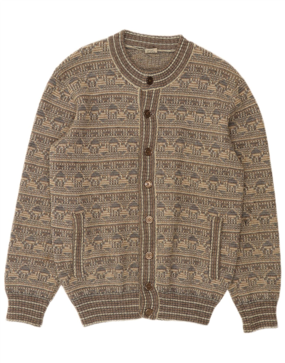 Винтажный мужской свитер-кардиган среднего серого цвета из шерсти Fair Isle