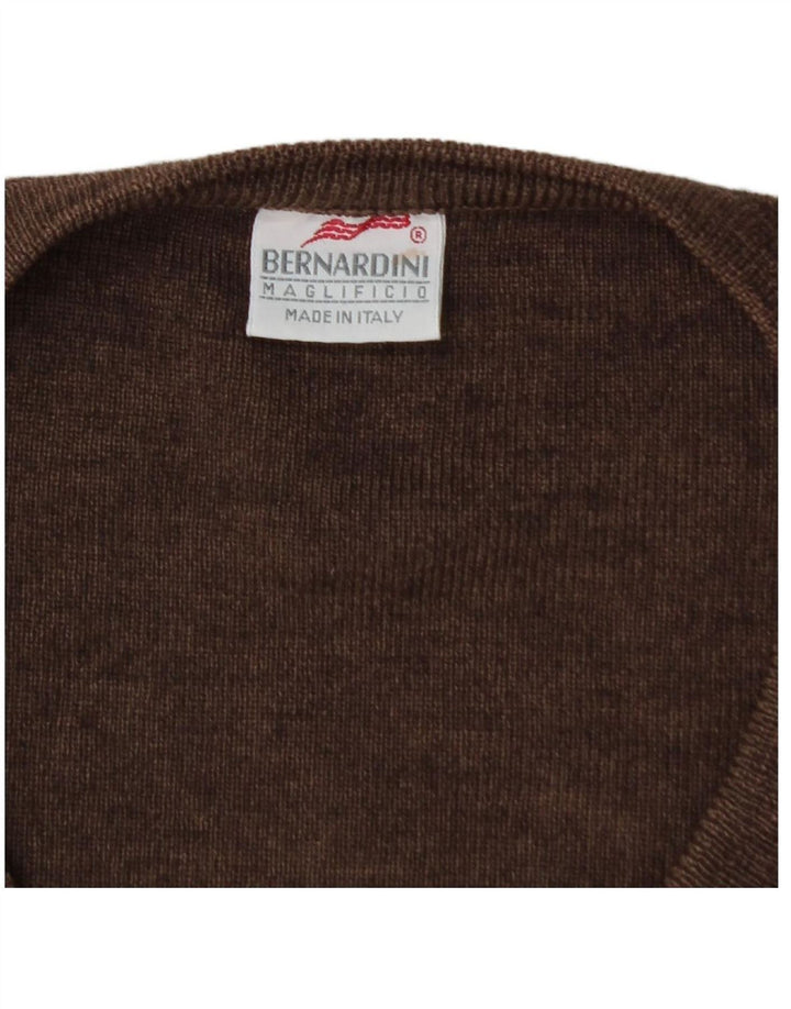 BERNARDINI Mens V-Neck Jumper Sweater Medium Brown Geometric Wool