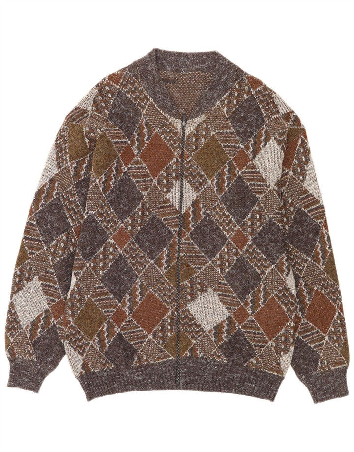 Винтажный мужской кардиган на молнии с полной молнией, средний разноцветный свитер с узором аргайл/ромб