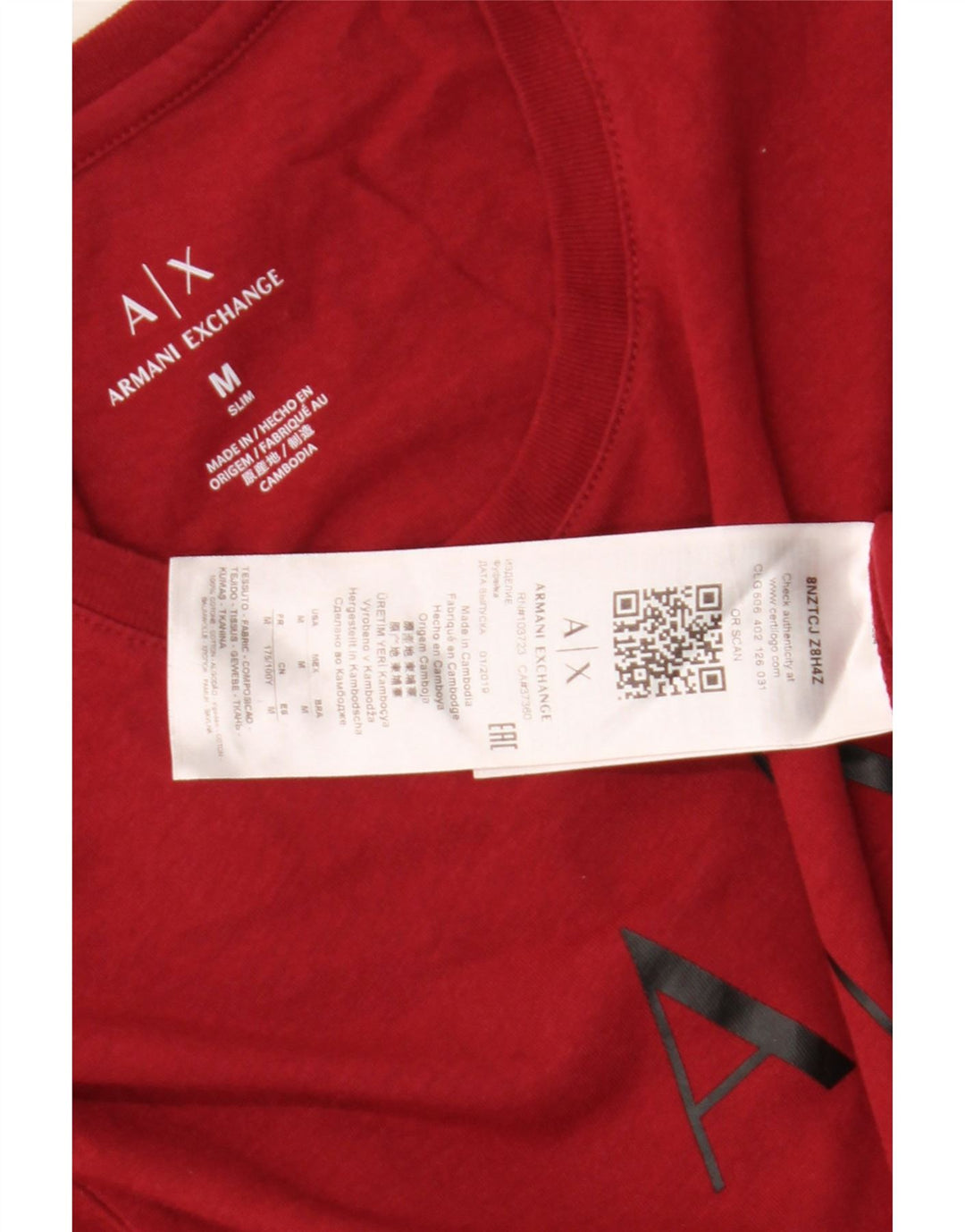 Мужская футболка с рисунком Armani Exchange, хлопковый топ среднего красного цвета