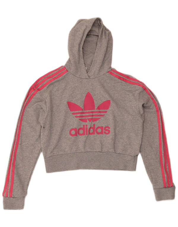 Укороченный джемпер с капюшоном Adidas для девочек 13-14 лет, серый хлопок, спортивный