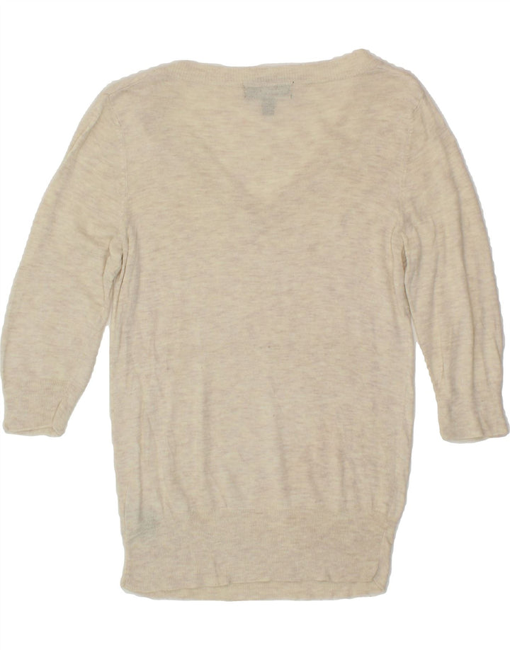 MOSSIMO Womens 3/4 Sleeve V-Neck Jumper Sweater UK 12 Medium Beige Nylon Vintage Mossimo and Second-Hand Mossimo from Messina Hembry 
