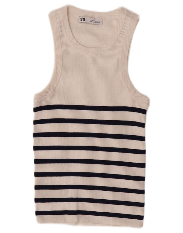 Zara Womens Crop Vest Top UK 12 Medium White Striped Viscose