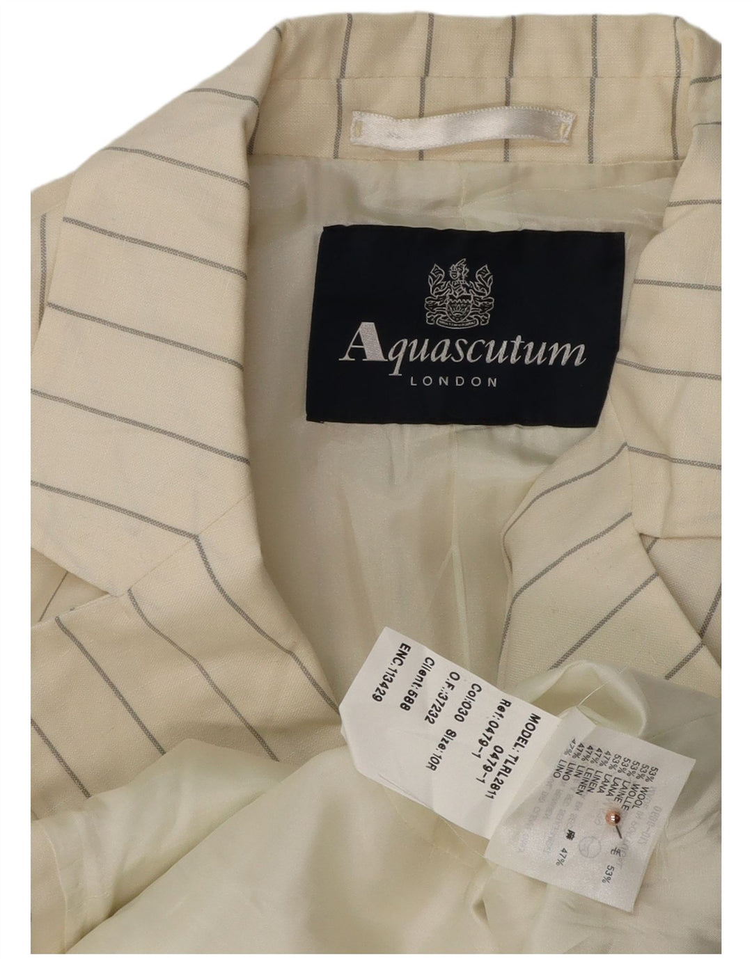 AQUASCUTUM Женский пиджак на 2 пуговицах UK 10, маленькая белая шерстяная полоска