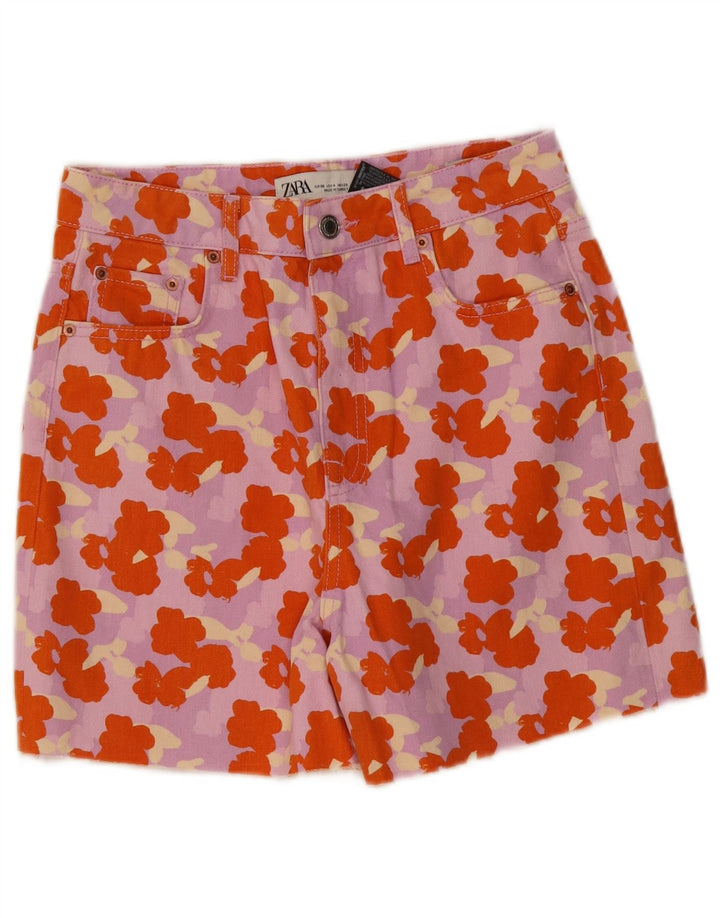 Женские джинсовые шорты ZARA с высокой талией EU 36, маленькие W26, разноцветные с цветочным принтом