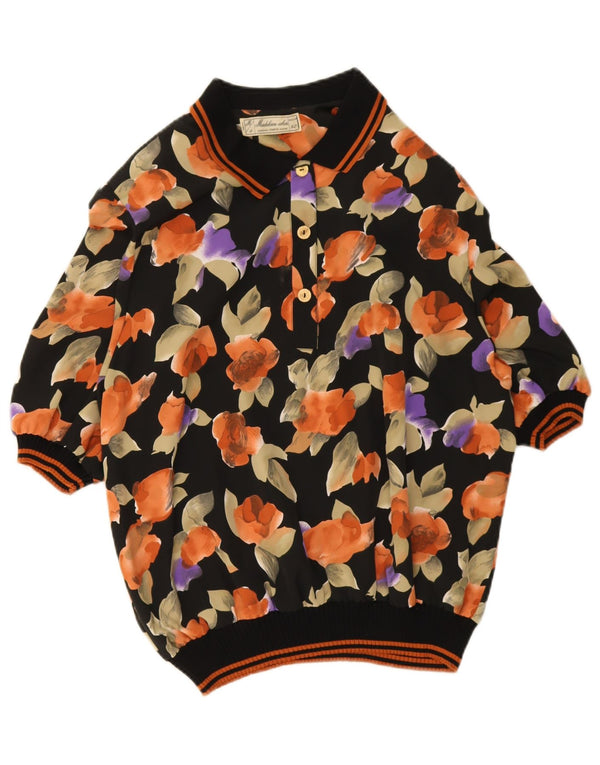 Винтажная женская рубашка-пуловер IT 52 2XL, черная с цветочным принтом