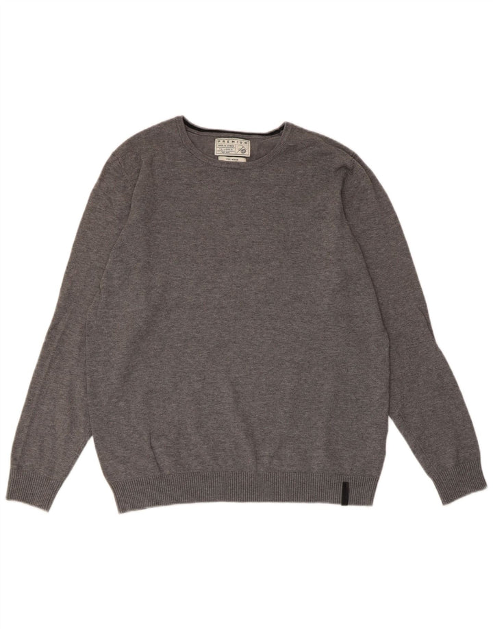 Мужской джемпер с круглым вырезом JACK & JONES, средний серый хлопковый свитер