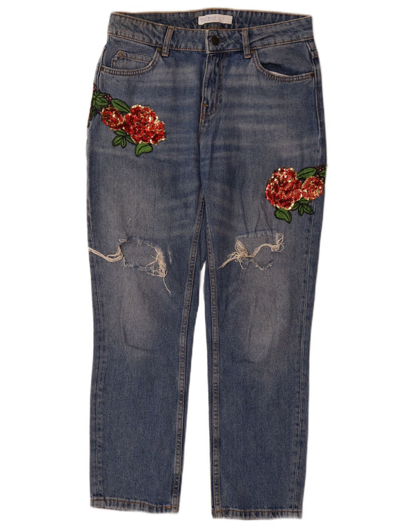 Женские прямые джинсы Zara EU 36 XS W26 L29, синий хлопок с цветочным принтом