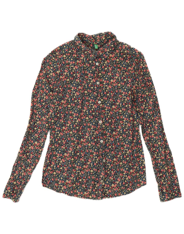 Benetton Womens Oversized Shirt UK 6 XS Navy Blue Floral Cotton