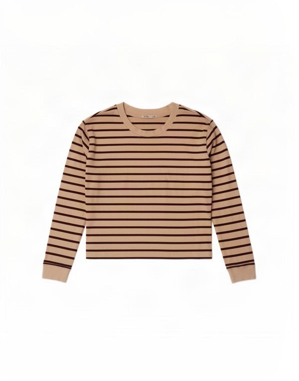Женский укороченный топ Zara с длинным рукавом UK 14, хлопок в бежевую полоску среднего размера