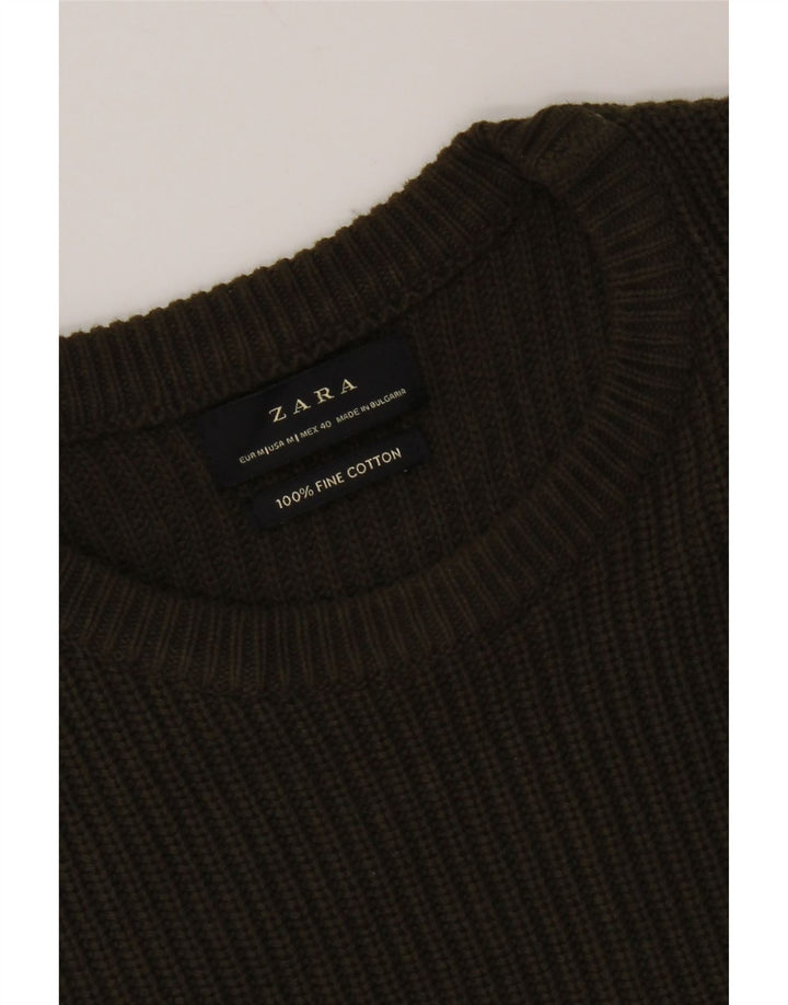 Мужской джемпер с круглым вырезом Zara, хлопковый свитер среднего цвета хаки