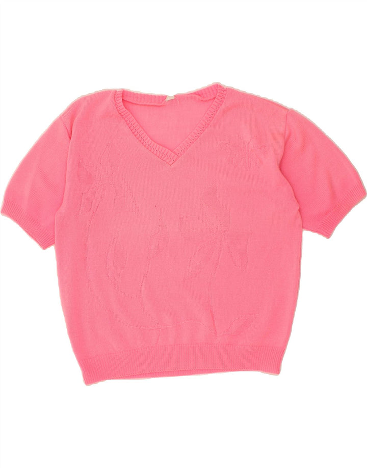 VINTAGE Womens Abstract Pattern V-Neck Jumper Sweater UK 14 Large Pink Vintage Vintage and Second-Hand Vintage from Messina Hembry 