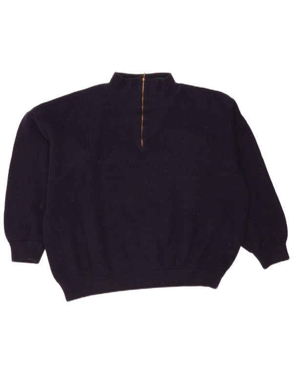 Винтажный женский свободный джемпер с воротником на молнии, большой темно-синий шерстяной свитер, Великобритания 16