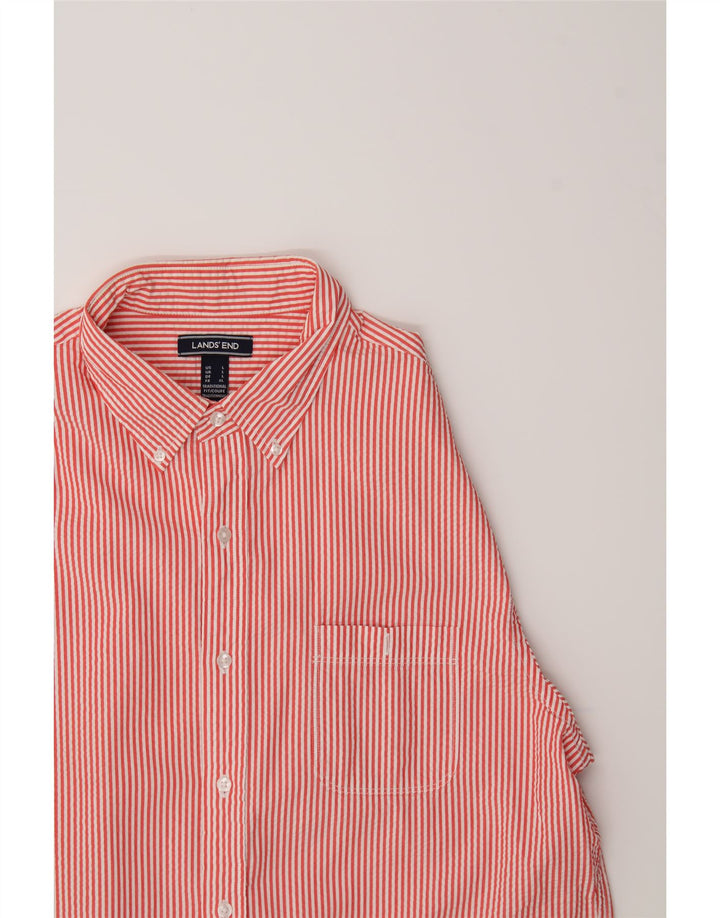 LANDS END Mens Short Sleeve Shirt Large Red Striped Cotton Vintage Lands End and Second-Hand Lands End from Messina Hembry 
