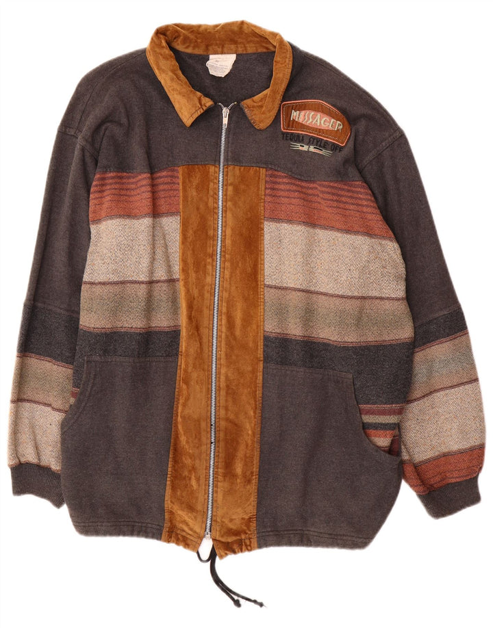 Винтажная мужская куртка-бомбер с графическим рисунком UK 42 XL, серая, акрил с цветными блоками