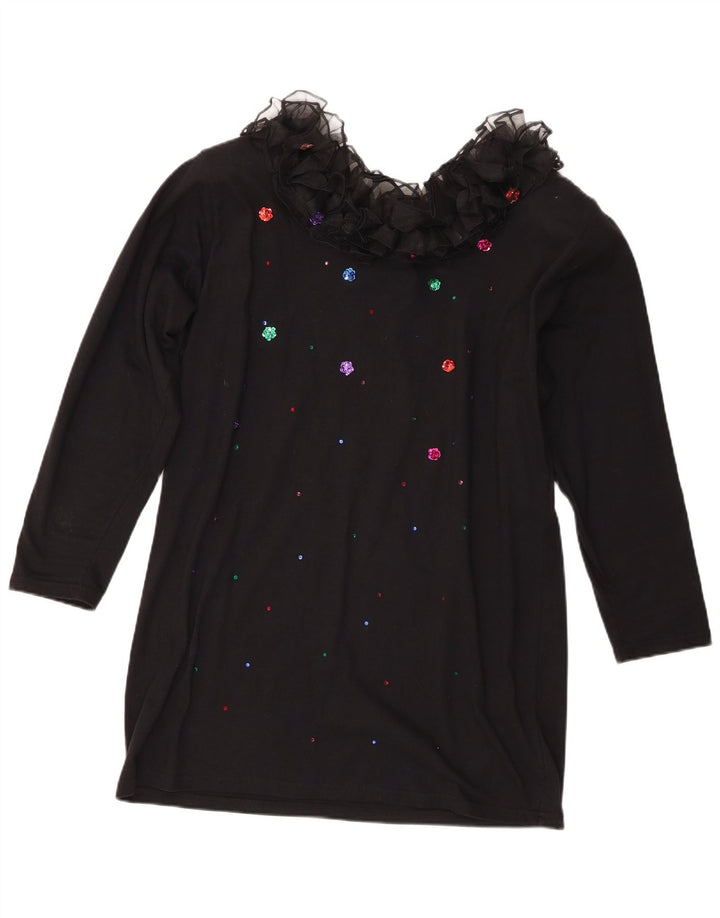 Винтажная женская туника с рюшами спереди и длинными рукавами, Великобритания, 16, большой черный хлопок