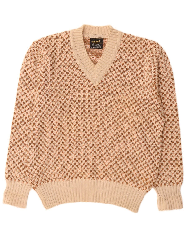 Винтажный мужской джемпер с v-образным вырезом, Великобритания, 40, средний бежевый, с геометрическим рисунком, новая шерсть