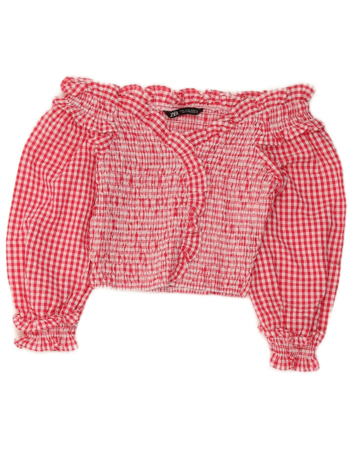 Женский укороченный топ с открытыми плечами с рукавами 3/4 Zara UK 4 XS, красный полиэстер в мелкую клетку