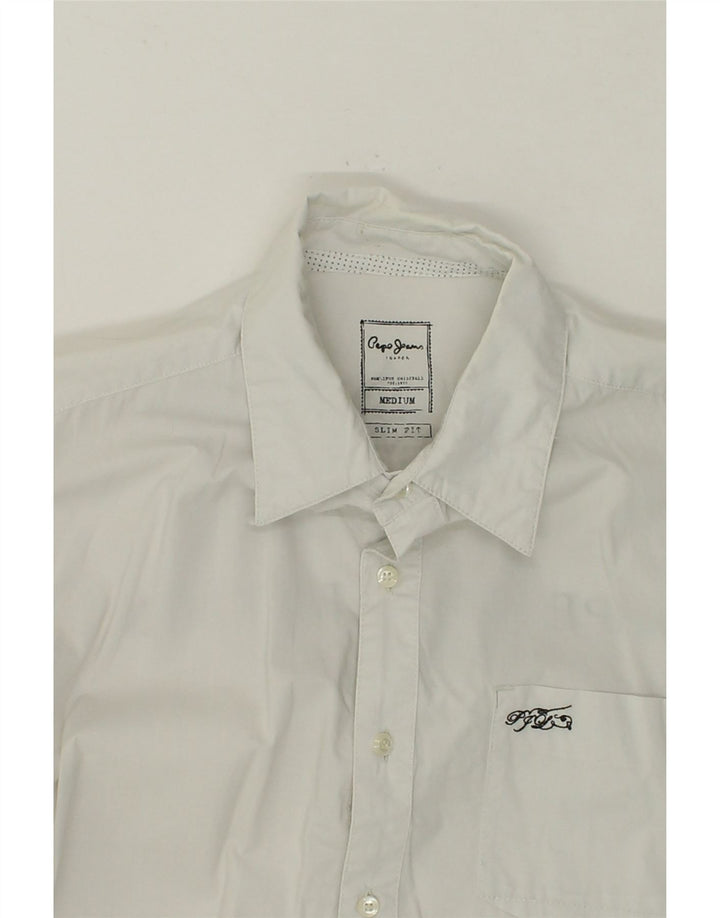 PEPE JEANS Mens Slim Fit Graphic Shirt Medium White Cotton Vintage PEPE Jeans and Second-Hand PEPE Jeans from Messina Hembry 