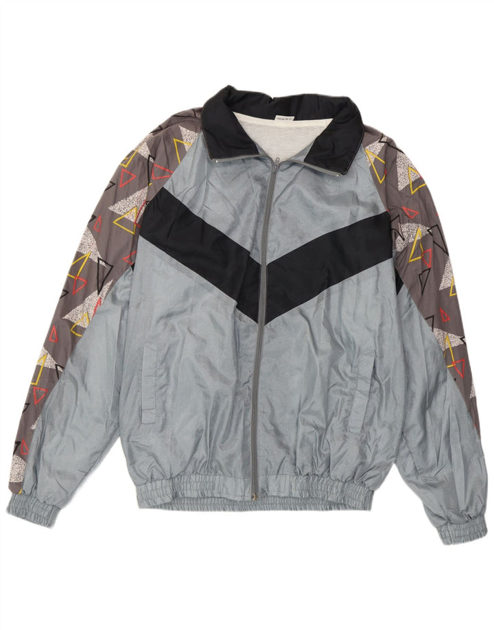 Винтажный мужской спортивный костюм, верхняя куртка XL, серый полиамид с геометрическим рисунком