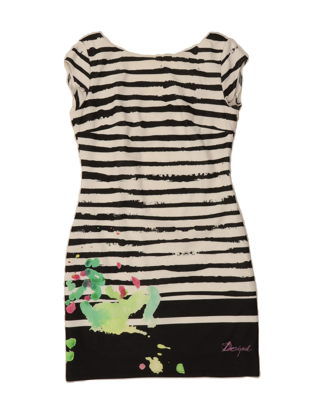 DESIGUAL Womens Graphic Sheath Dress UK 14 Large White Striped Polyester Vintage Desigual and Second-Hand Desigual from Messina Hembry 