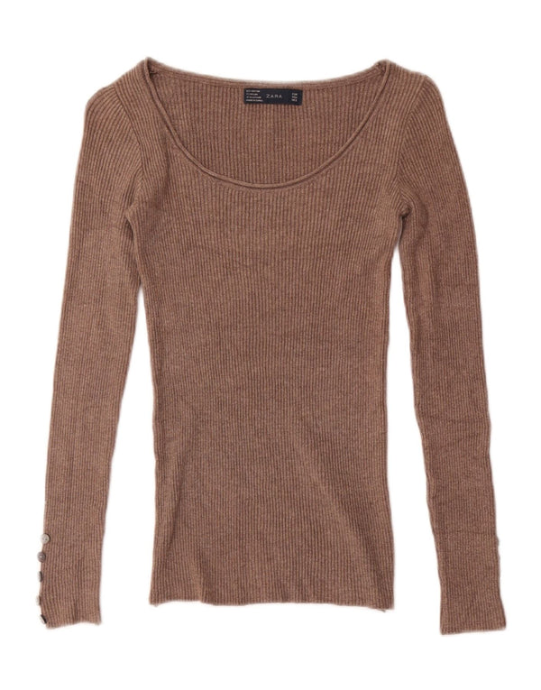 Женский топ Zara с длинным рукавом UK 4 XS, коричневый хлопок